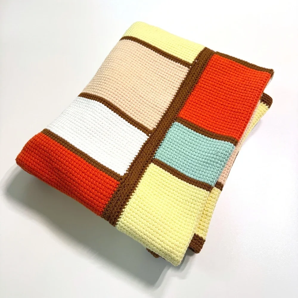 VTG MCM Mid-Century Square Crochet Afghan Blanket 54x63 Orange Geometric Retro‎